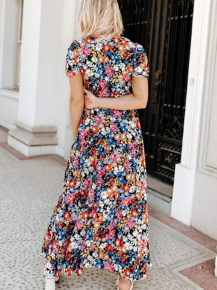 Printed V-Neck Short Sleeve Maxi Dress Casual Dresses - Tophatter Daily Deals